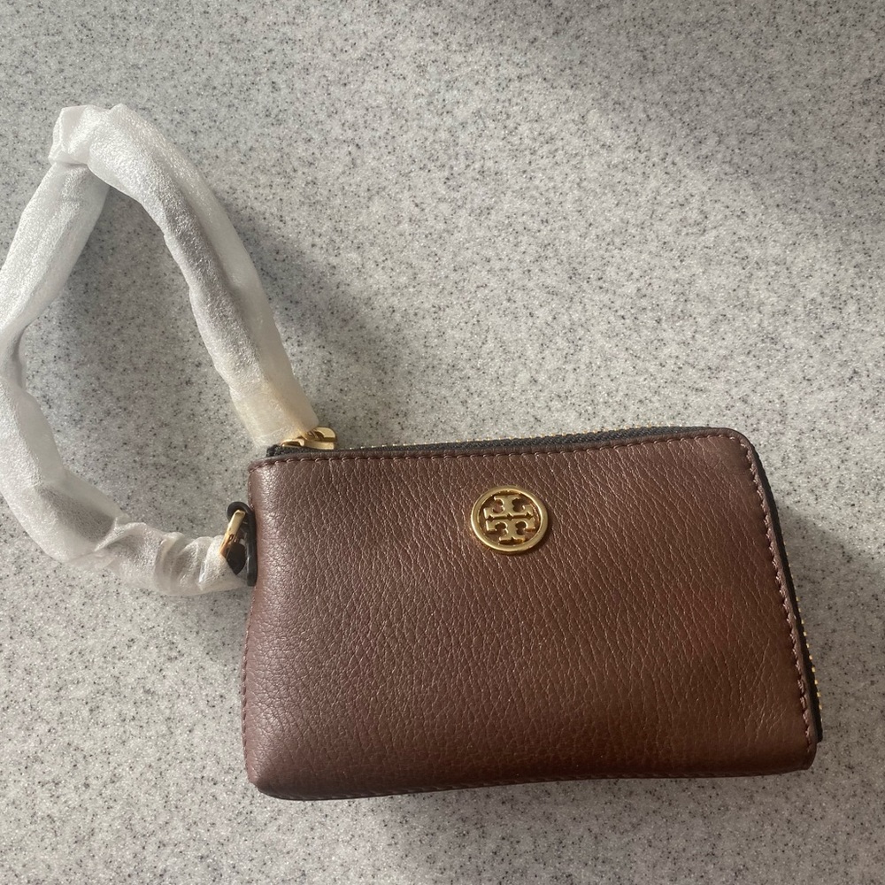 Tory Burch brown metallic wristlet coin purse